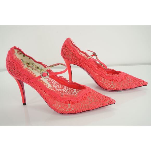 Gucci Virgina 95 Pink Lace Pointed Toe Pumps MJ Strap Size 39.5 NIB $1100 Neon - Picture 8 of 11